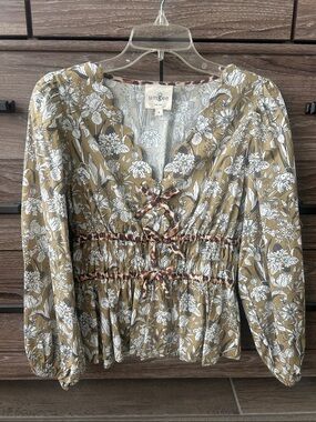 Umgee Olive Green Floral Cinched Peplum Blouse